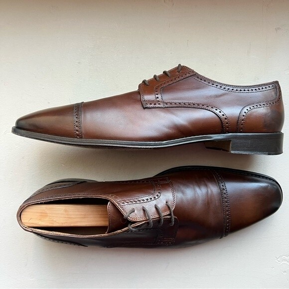 Saks Fifth Avenue Brown Italian Leather Cap Toe Lace Up Oxford Shoes Men’s12 M - Picture 1 of 15